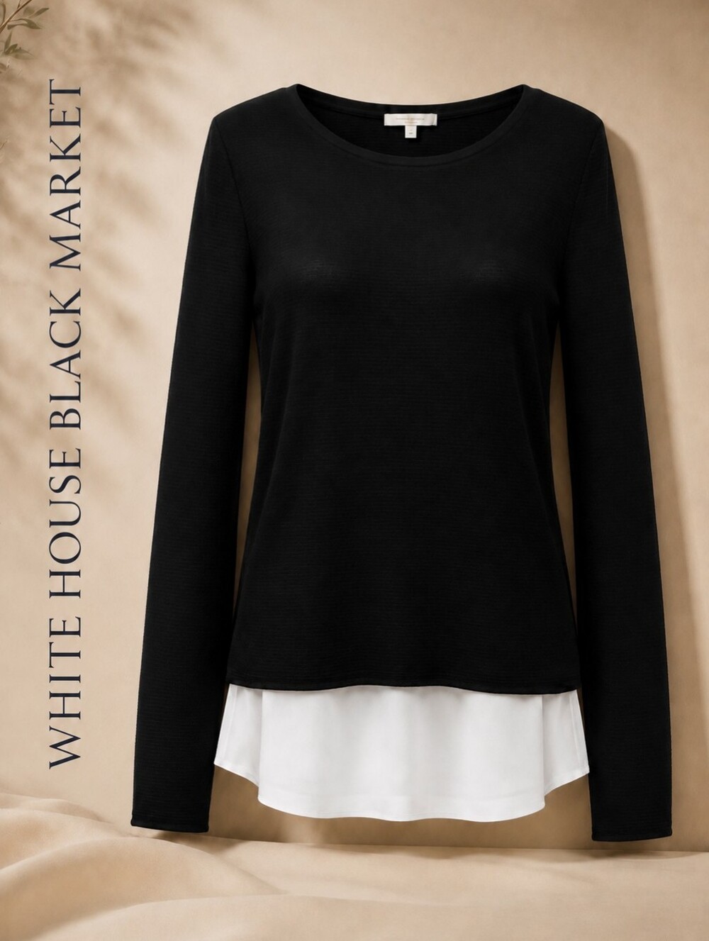 Black Layered Long-Sleeve Knit Top with White Faux Underlay - Picture 2 of 6